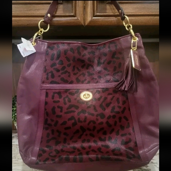 NWT Coach Burgundy Leopard Haircalf Leather Turnlock Large Hobo Shoulder Purse - Picture 4 of 13